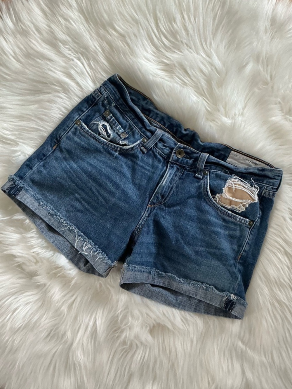 rag & bone Distressed Dark Blue Denim Cutoff Shorts